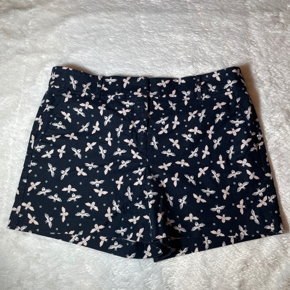 LOFT Navy Blue Bee Print Riviera Shorts Womens 10 Cotton Stretch Cottagecore